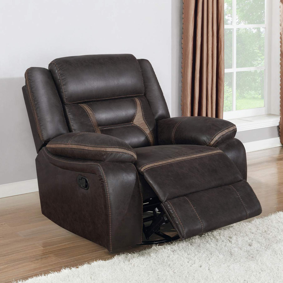 651356 Greer Upholstered Swivel Glider Recliner Chair Brown