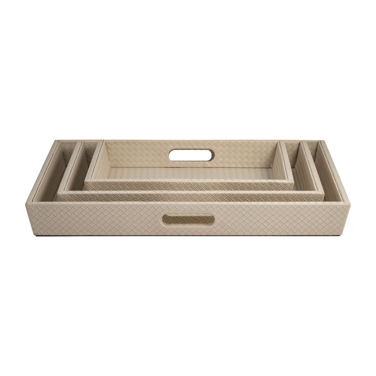 16" / 20" / 24" Leather / Wood Diamondweave Trays (Set of 3) - Tan