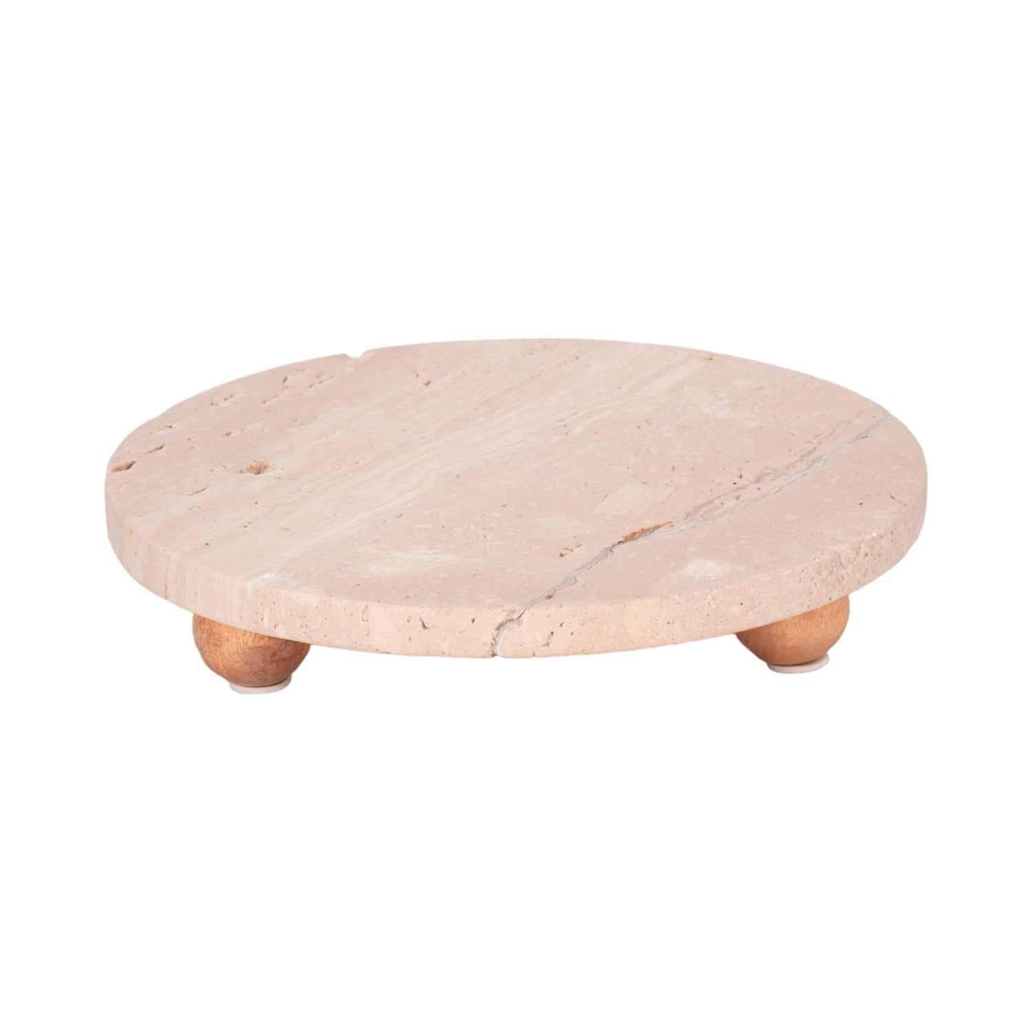 10" Travertine Tray On Wood Ball Feet - Tan