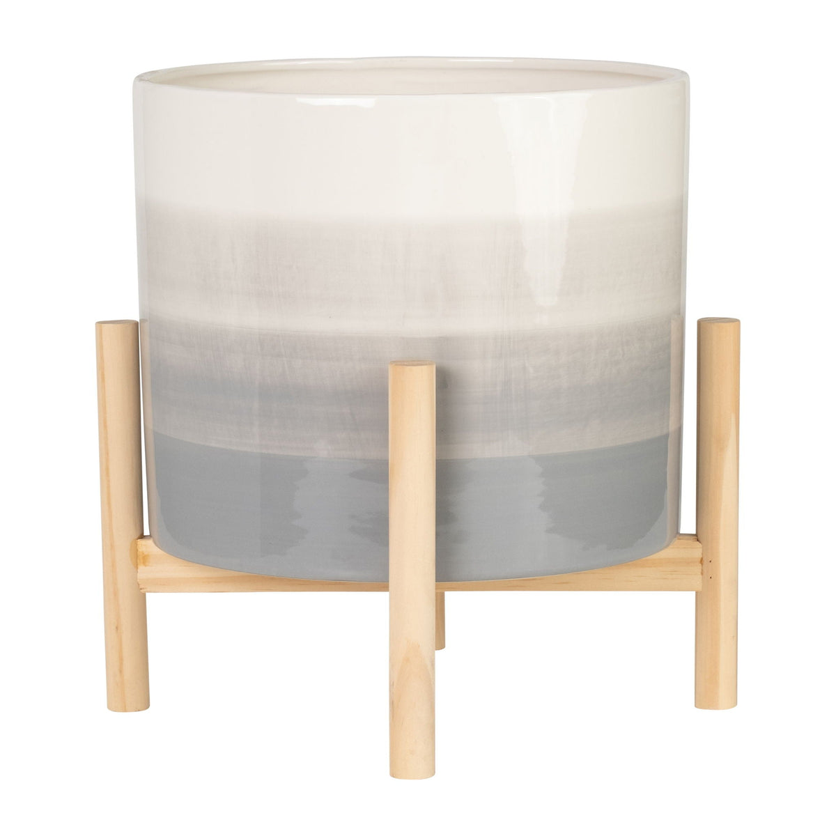 Ceramic Planter With Wood Stand Mix 12" - Beige Mix