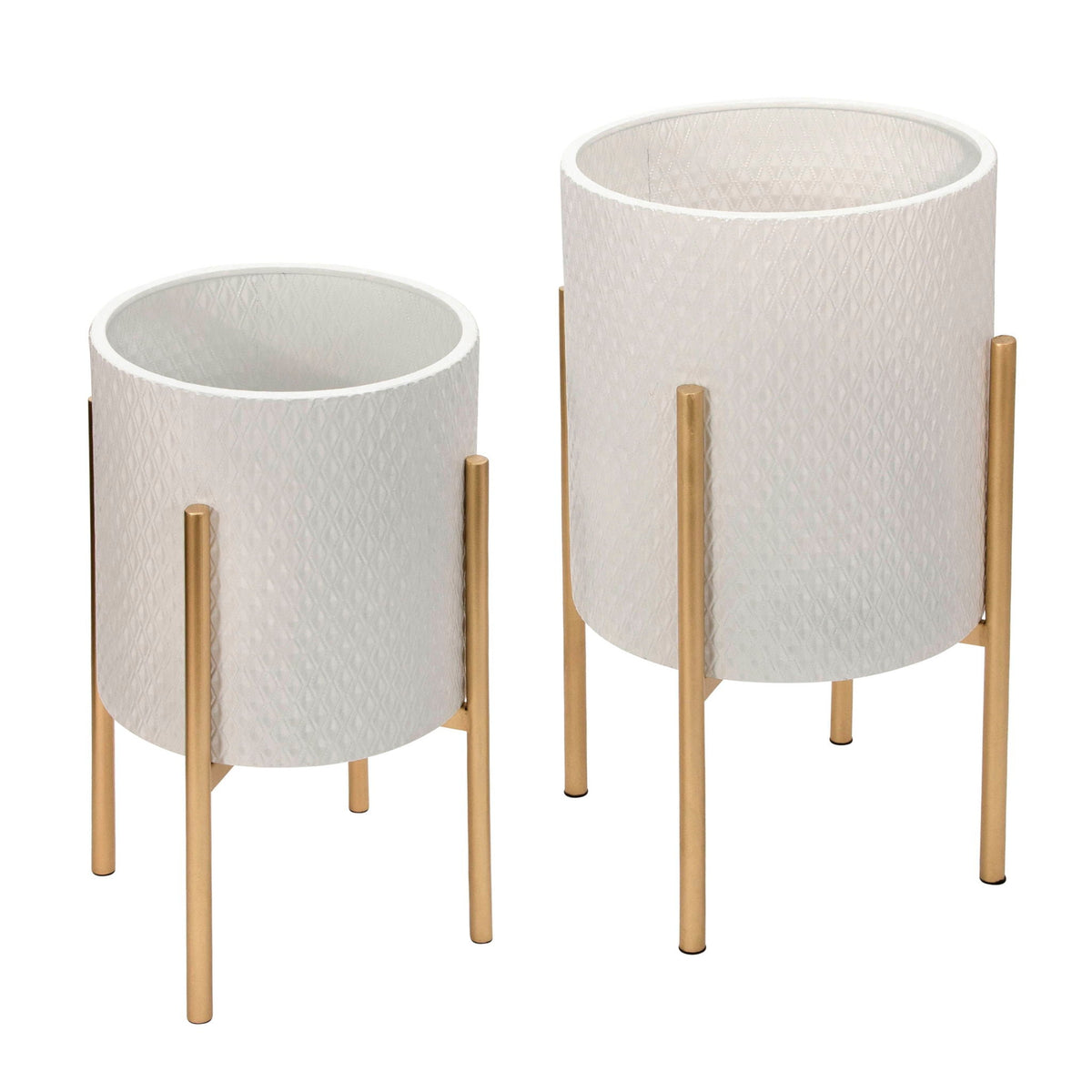 Textured Planter On Metal Stand (Set of 2) - White / Gold