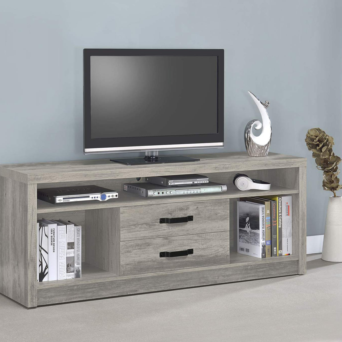 701024 Burke 2-drawer Engineered Wood 59-inch TV Stand Grey Driftwood