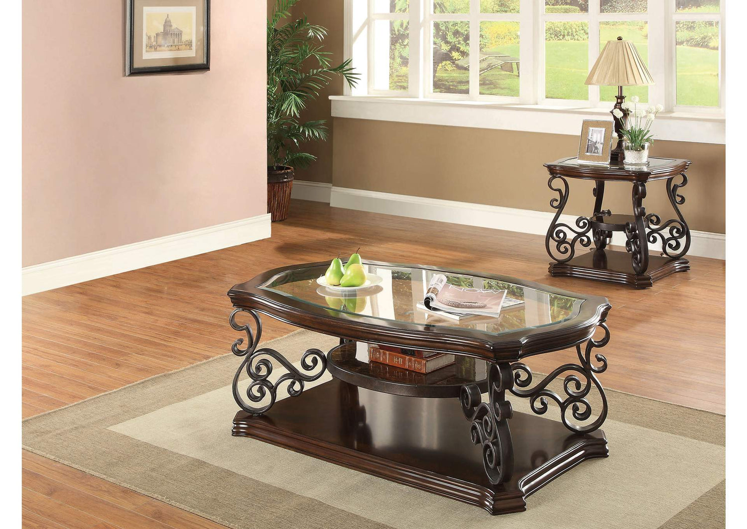 702448-S2 Laney 2-piece Glass Top Coffee and End Table Set Dark Merlot