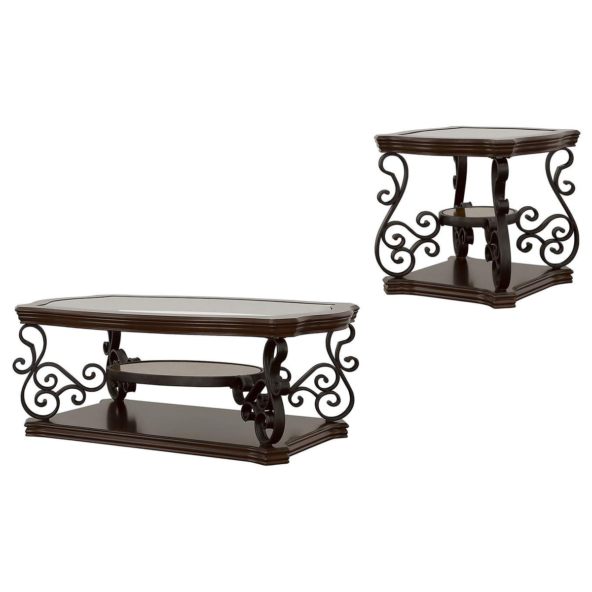 702448-S2 Laney 2-piece Glass Top Coffee and End Table Set Dark Merlot