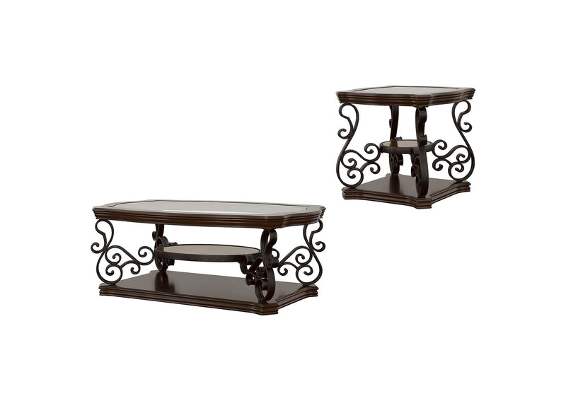 702448-S2 Laney 2-piece Glass Top Coffee and End Table Set Dark Merlot