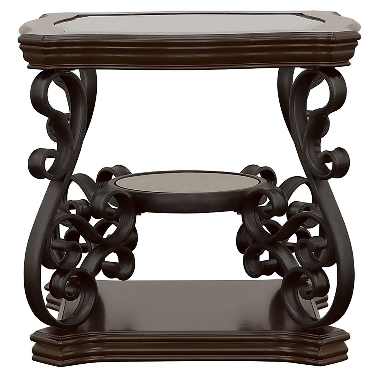702448-S2 Laney 2-piece Glass Top Coffee and End Table Set Dark Merlot