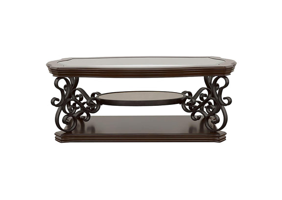 702448-S2 Laney 2-piece Glass Top Coffee and End Table Set Dark Merlot