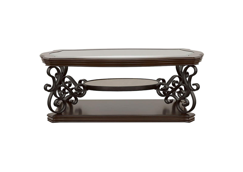 702448-S2 Laney 2-piece Glass Top Coffee and End Table Set Dark Merlot