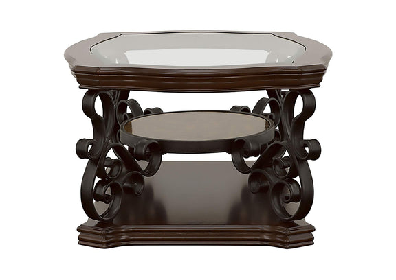 702448-S2 Laney 2-piece Glass Top Coffee and End Table Set Dark Merlot