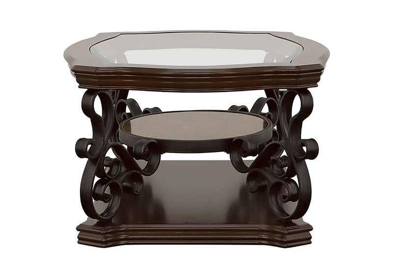 702448-S2 Laney 2-piece Glass Top Coffee and End Table Set Dark Merlot