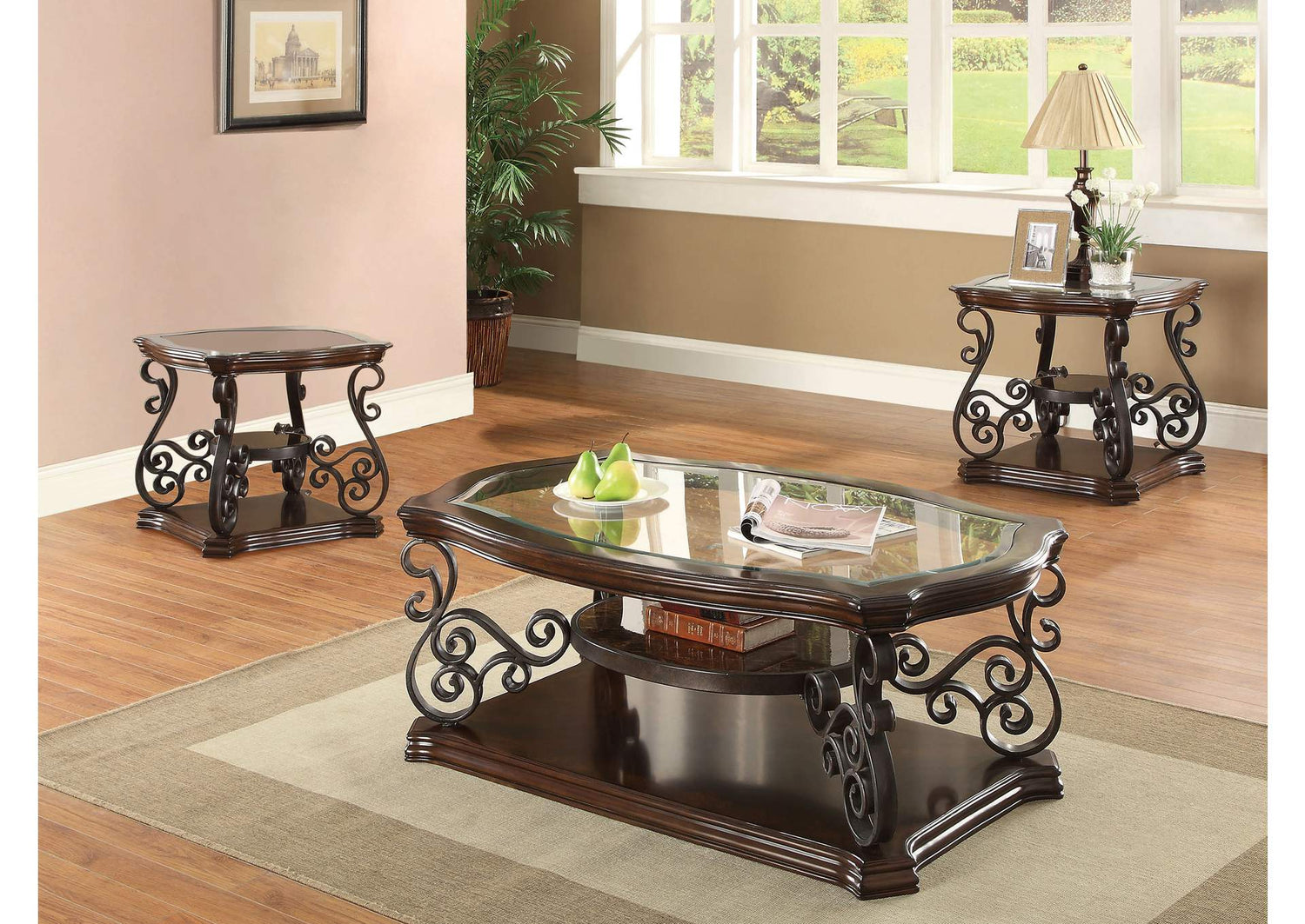 702448-S3 Laney 3-piece Glass Top Coffee and End Table Set Dark Merlot