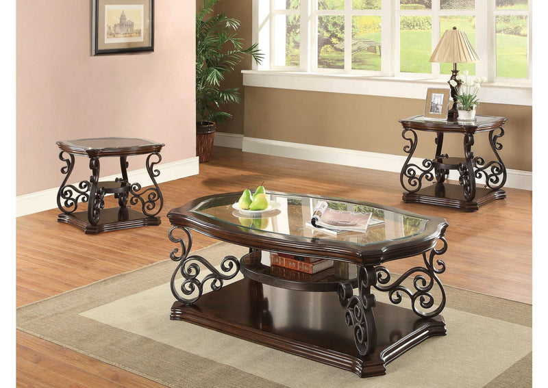 702448-S3 Laney 3-piece Glass Top Coffee and End Table Set Dark Merlot
