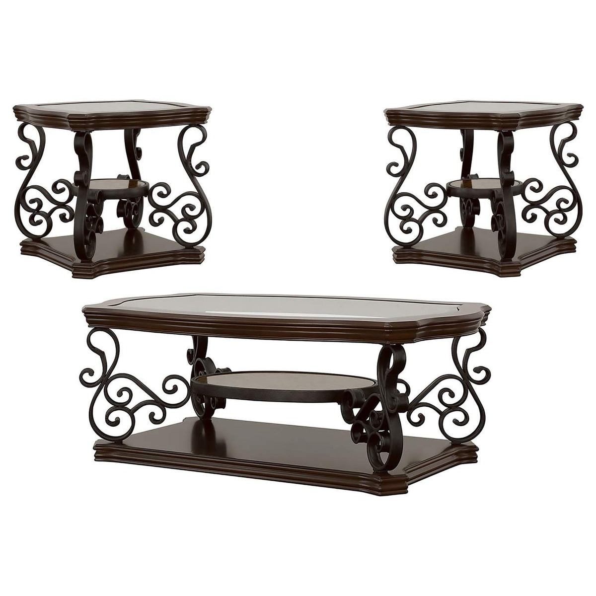 702448-S3 Laney 3-piece Glass Top Coffee and End Table Set Dark Merlot