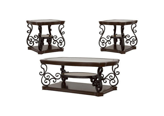 702448-S3 Laney 3-piece Glass Top Coffee and End Table Set Dark Merlot