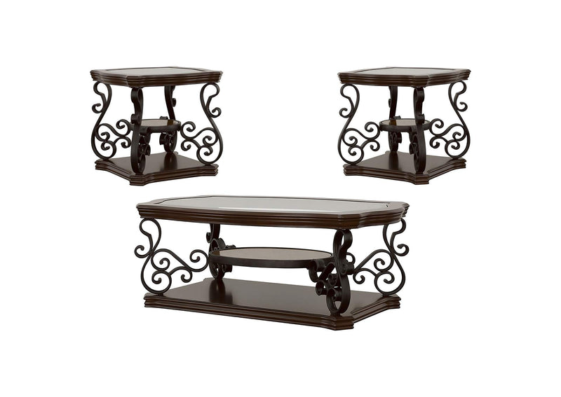 702448-S3 Laney 3-piece Glass Top Coffee and End Table Set Dark Merlot