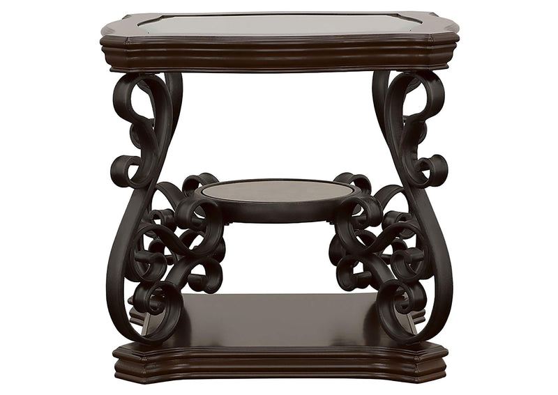 702448-S3 Laney 3-piece Glass Top Coffee and End Table Set Dark Merlot