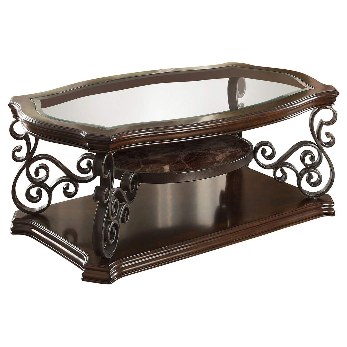 702448-S3 Laney 3-piece Glass Top Coffee and End Table Set Dark Merlot