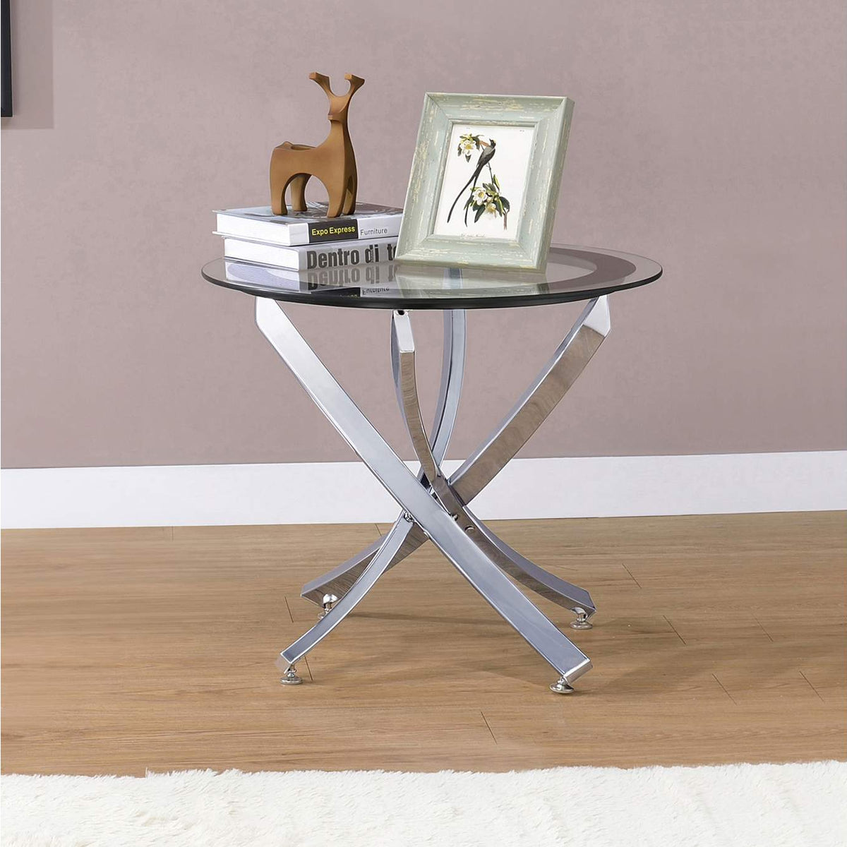 702587 Brooke Round Glass Top Side End Table Metal Base Chrome