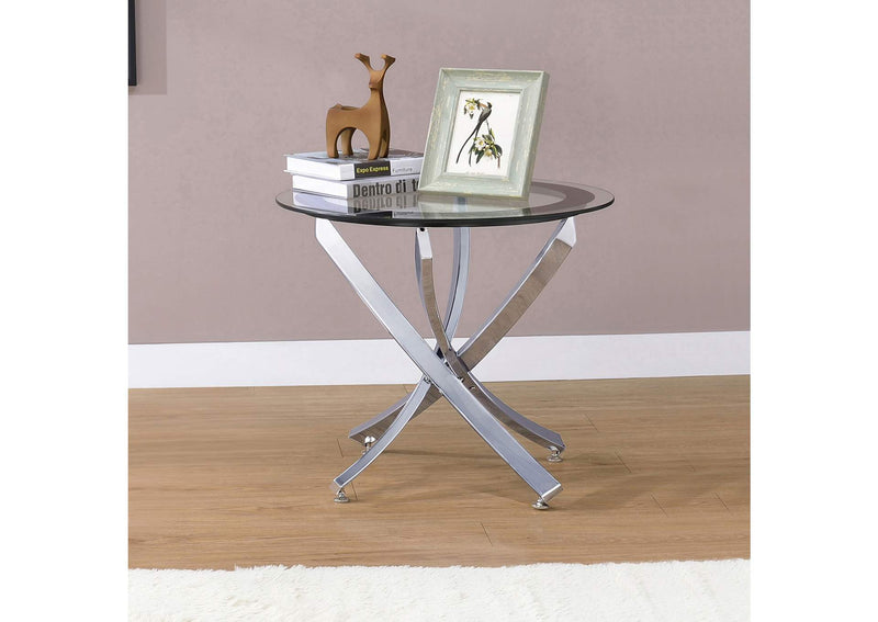 702587 Brooke Round Glass Top Side End Table Metal Base Chrome