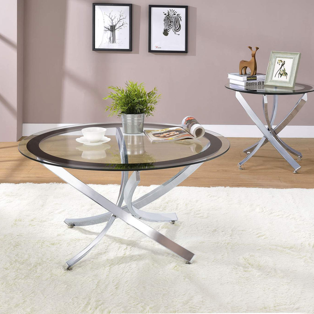 702587 Brooke Round Glass Top Side End Table Metal Base Chrome