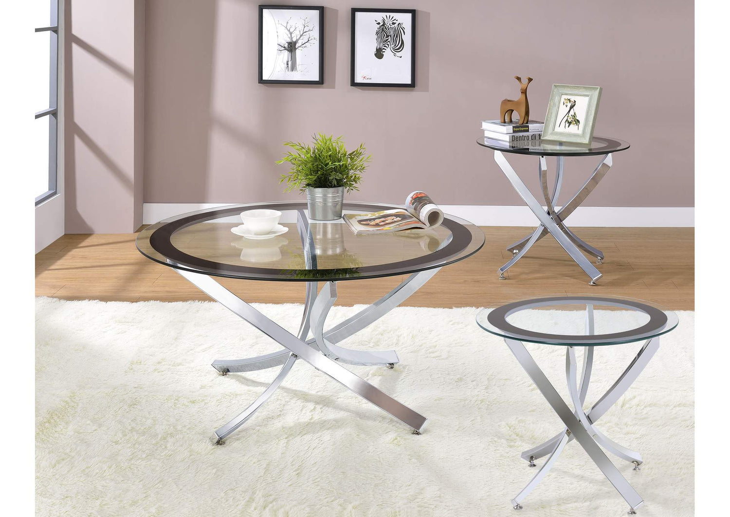 702588-S3 Brooke 3-piece Round Coffee and End Table Set Chrome
