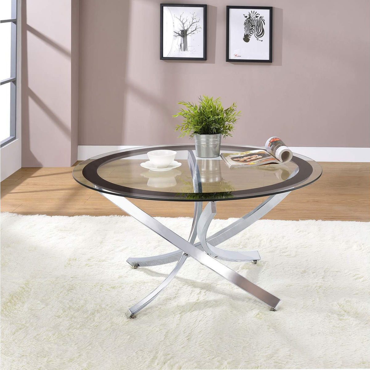 702588 Brooke Round Glass Top Coffee Table Metal Base Chrome