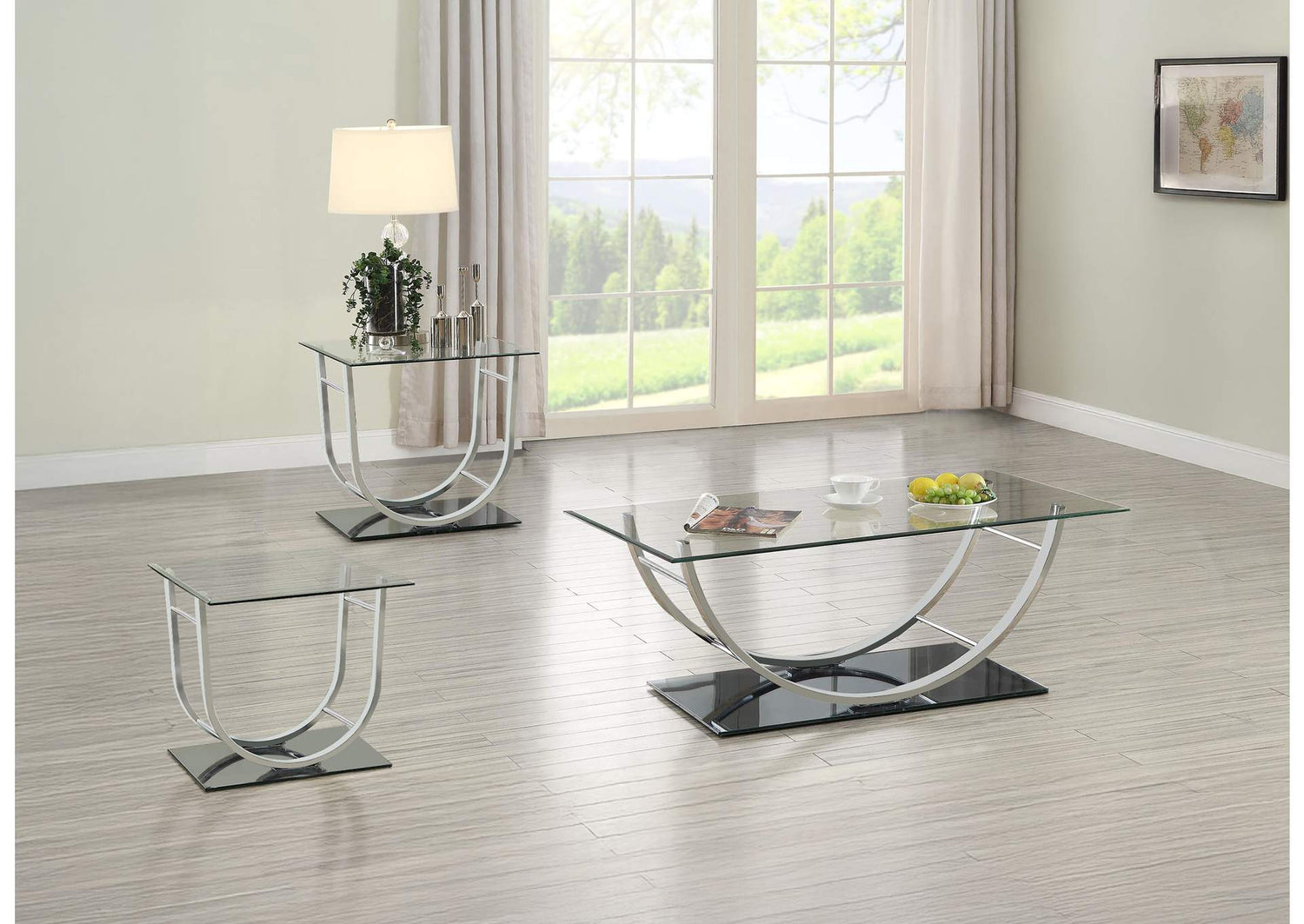 704988-S3 Danville 3-piece Glass Top Coffee and End Table Set Chrome
