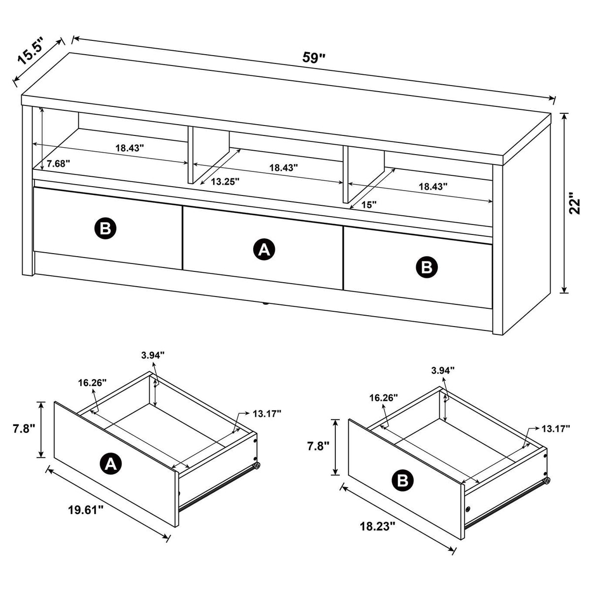 705802 Rutland 59-inch 3-drawer TV Stand Media Console Black
