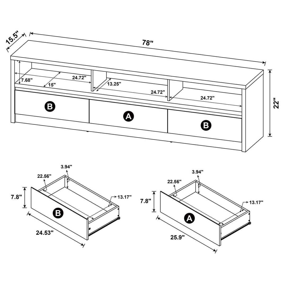 705803 Rutland 78-inch 3-drawer TV Stand Media Console Black