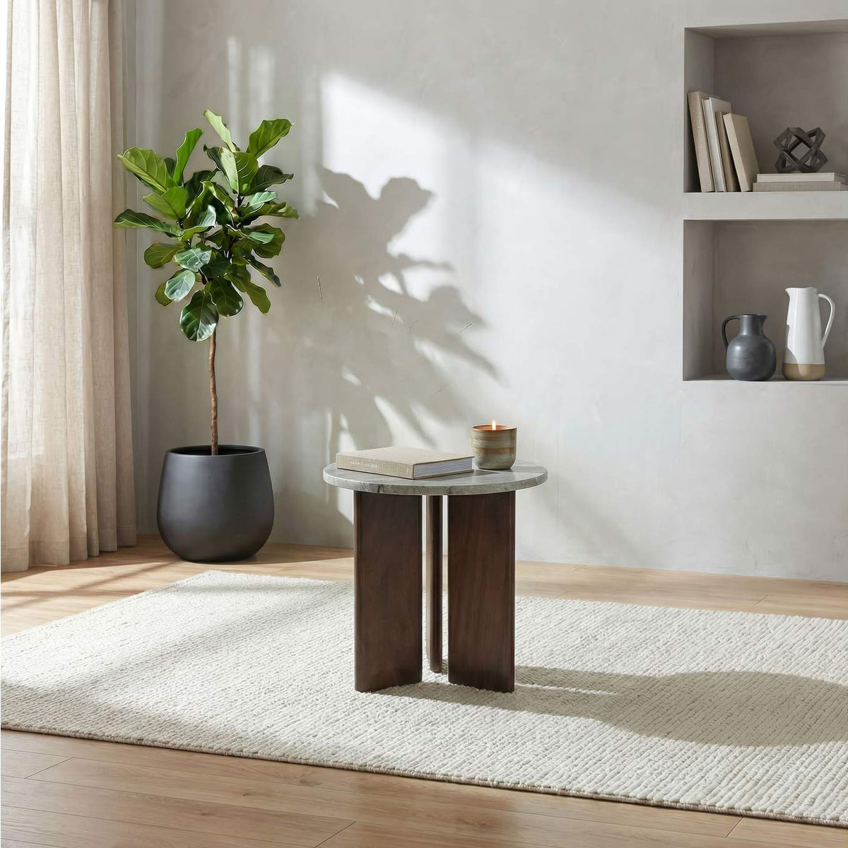 706167 Jenna Round Marble Top Mango Wood Side End Table Brown