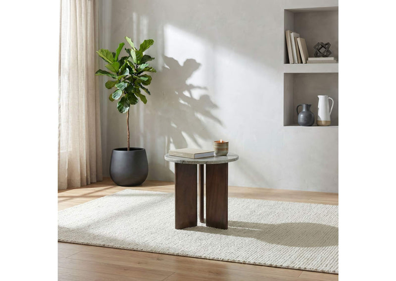 706167 Jenna Round Marble Top Mango Wood Side End Table Brown