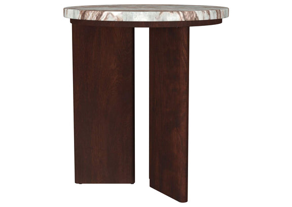 706167 Jenna Round Marble Top Mango Wood Side End Table Brown