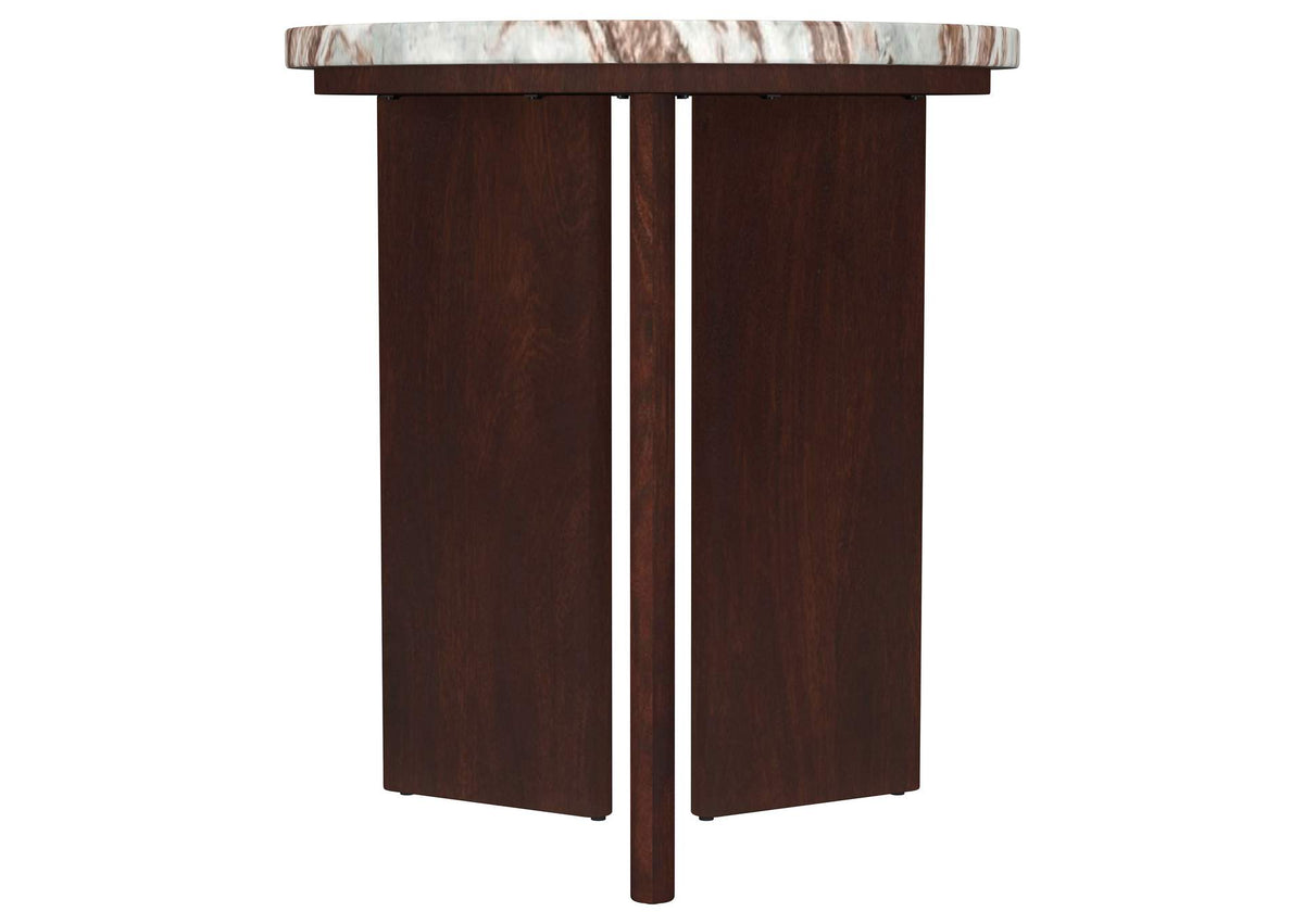 706167 Jenna Round Marble Top Mango Wood Side End Table Brown