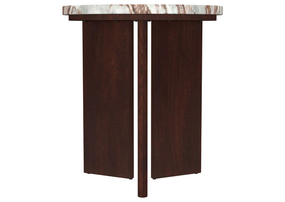 706167 Jenna Round Marble Top Mango Wood Side End Table Brown