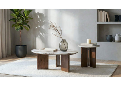706168-S2 Jenna 2-piece Round Marble Top Coffee Table Set Brown