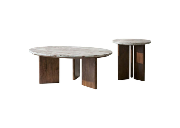 706168-S2 Jenna 2-piece Round Marble Top Coffee Table Set Brown