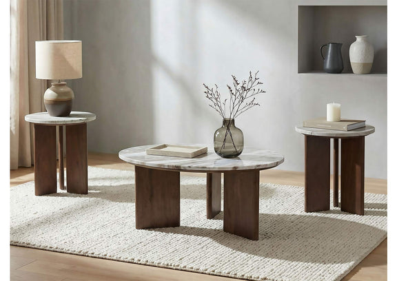 706168-S3 Jenna 3-piece Round Marble Top Coffee Table Set Brown