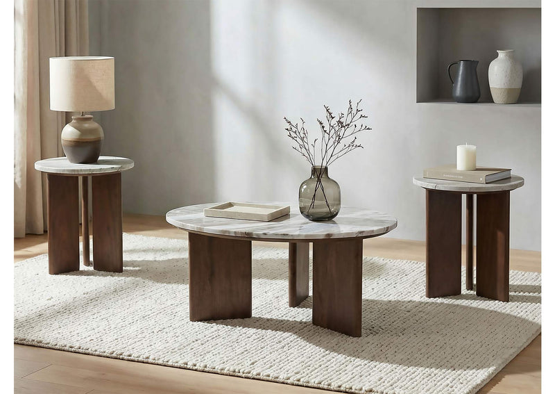 706168-S3 Jenna 3-piece Round Marble Top Coffee Table Set Brown