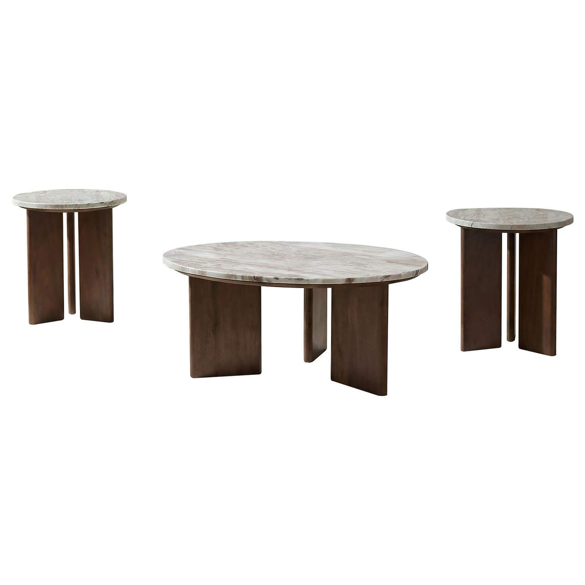 706168-S3 Jenna 3-piece Round Marble Top Coffee Table Set Brown