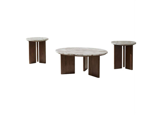 706168-S3 Jenna 3-piece Round Marble Top Coffee Table Set Brown