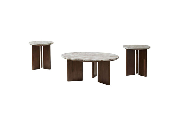 706168-S3 Jenna 3-piece Round Marble Top Coffee Table Set Brown