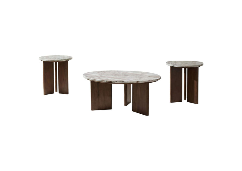 706168-S3 Jenna 3-piece Round Marble Top Coffee Table Set Brown