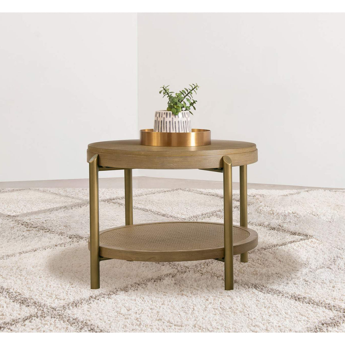 706187 Arini Round End Side Table With Storage Shelf Sand Wash