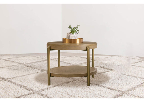 706187 Arini Round End Side Table With Storage Shelf Sand Wash