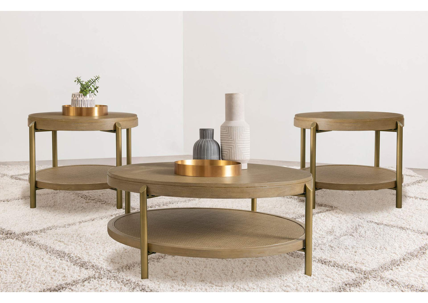 706188-S3 Arini 3-piece Round Coffee and End Table Set Sand Wash