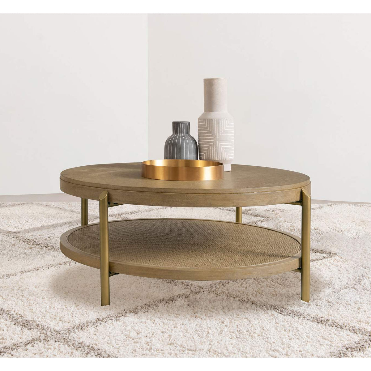 706188 Arini Round Coffee Table With Storage Shelf Sand Wash