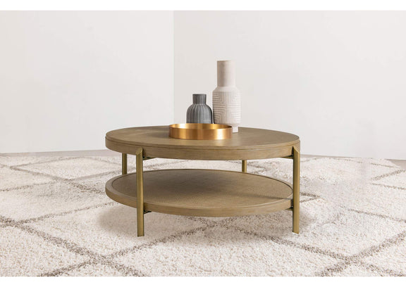 706188 Arini Round Coffee Table With Storage Shelf Sand Wash