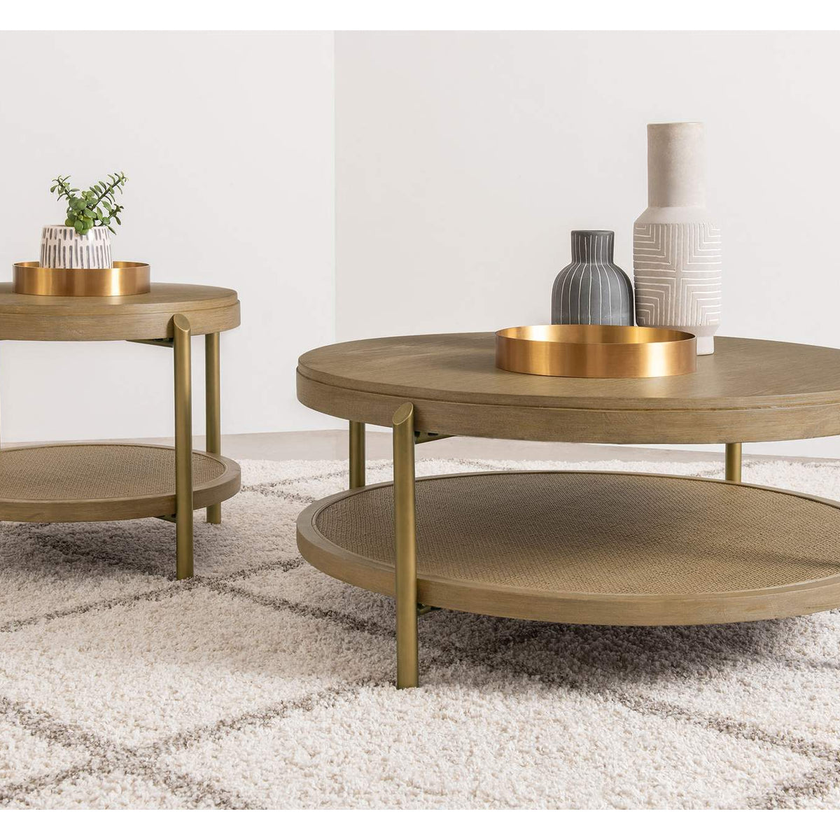 706188 Arini Round Coffee Table With Storage Shelf Sand Wash