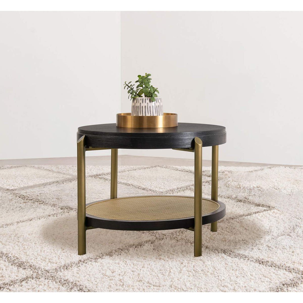 706197 Arini Round End Side Table With Storage Shelf Black