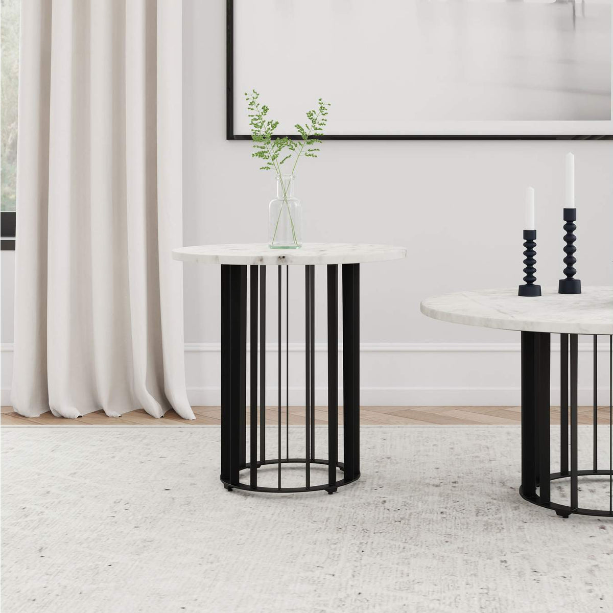 706207 Haven Round Genuine White Marble Top End Side Table Black